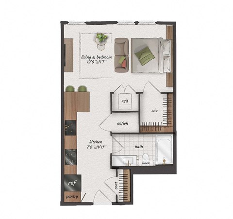 Floor plan for studio, 1 bath, 525 sqft